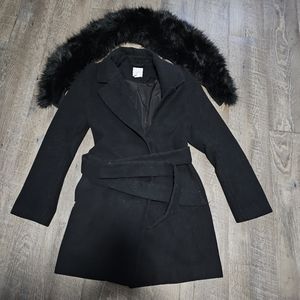 H&M black peacoat w removable fur trim